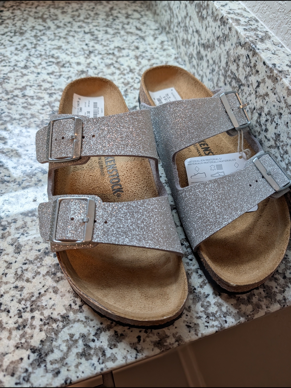 Birkenstock Style Silver Glitter Two-Strap Sandals